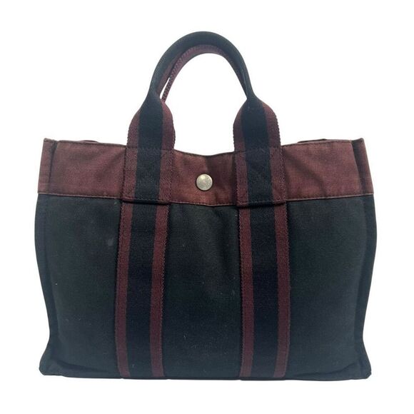 Hermès Fourre-Tout PM Black and Burgundy Canvas Tote Bag - Picture 1 of 13